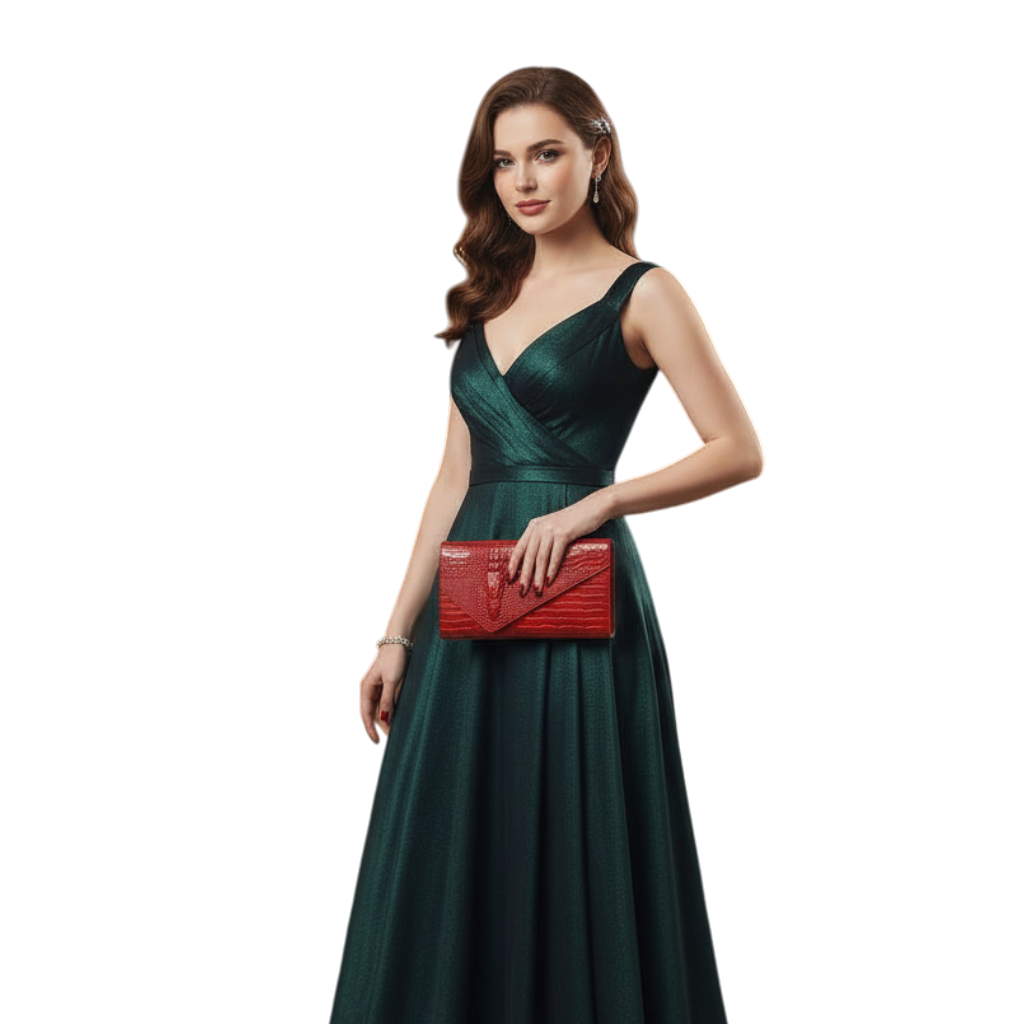 JASE HEART GLOBAL woman in a dark green evening gown holding a red crocodile-textured Executive Envelope clutch bag