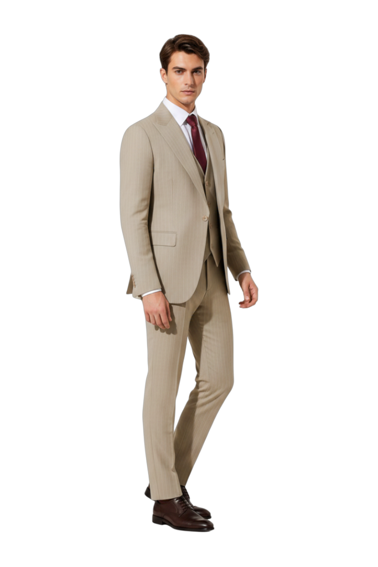 JASE Heart Executive Savile three-piece beige pinstripe suit worn by a man with a white shirt and dark red tie.