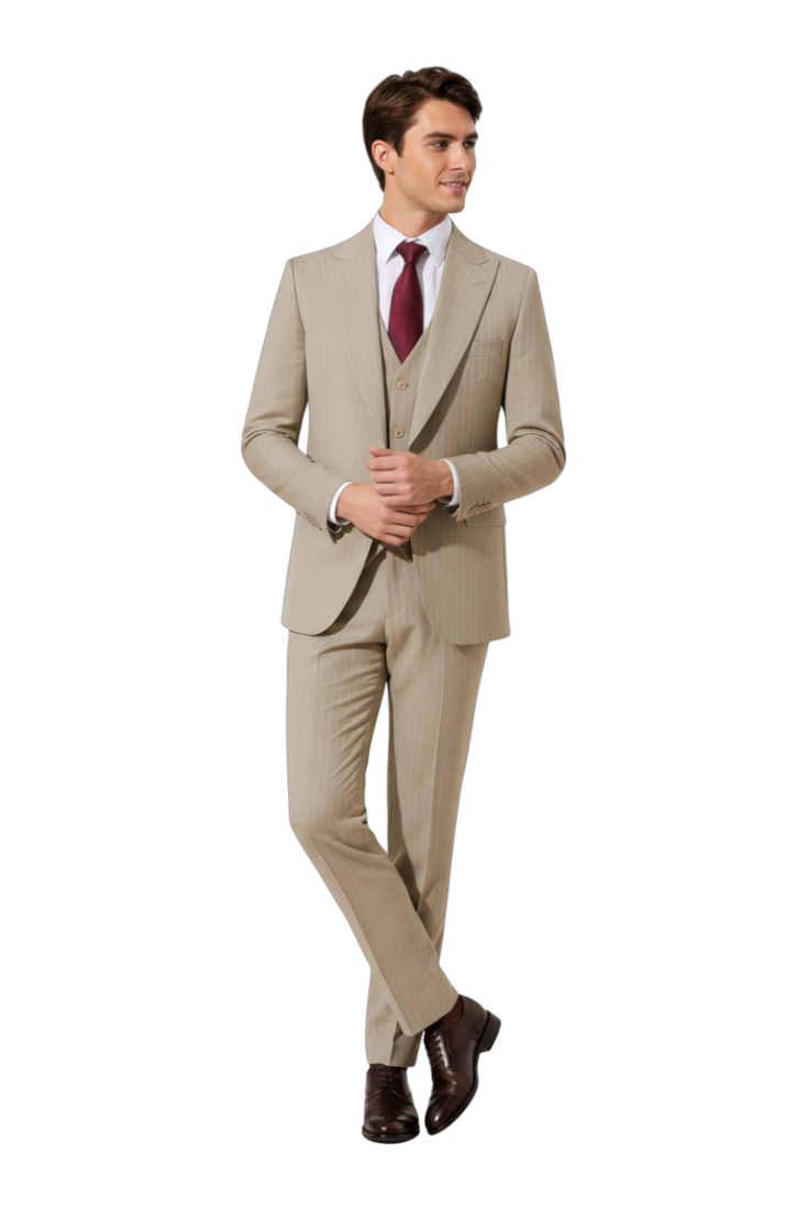 JASE Heart Executive Savile three-piece beige pinstripe suit with a burgundy tie, worn by a man in a studio.