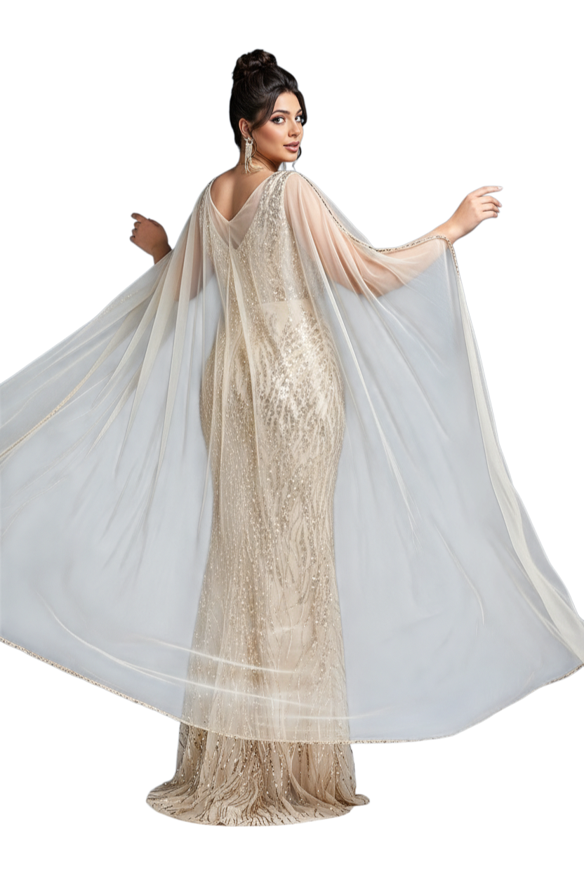 JASE Heart Liquid Cloak featuring a sheer champagne cape overlay on a sequined floor-length evening gown