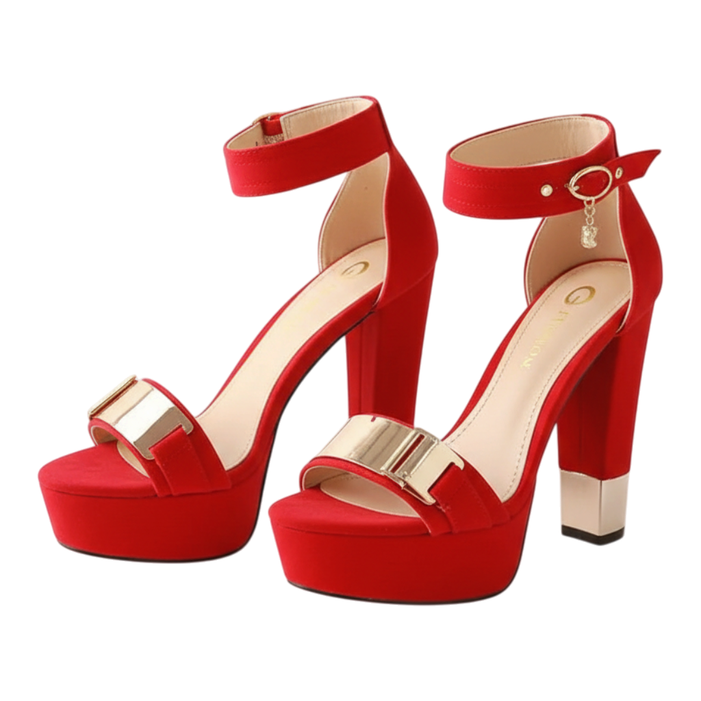 JASE HEART GLOBAL red velvet platform high heels with gold metallic accents and ankle strap buckle closure