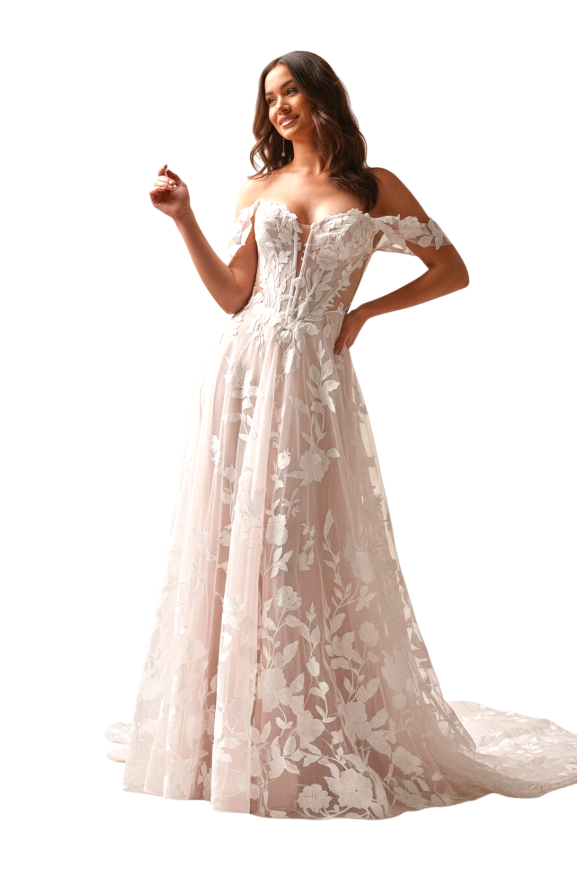 JASE Heart off-the-shoulder wedding dress with floral applique, corset bodice, and flowing A-line skirt