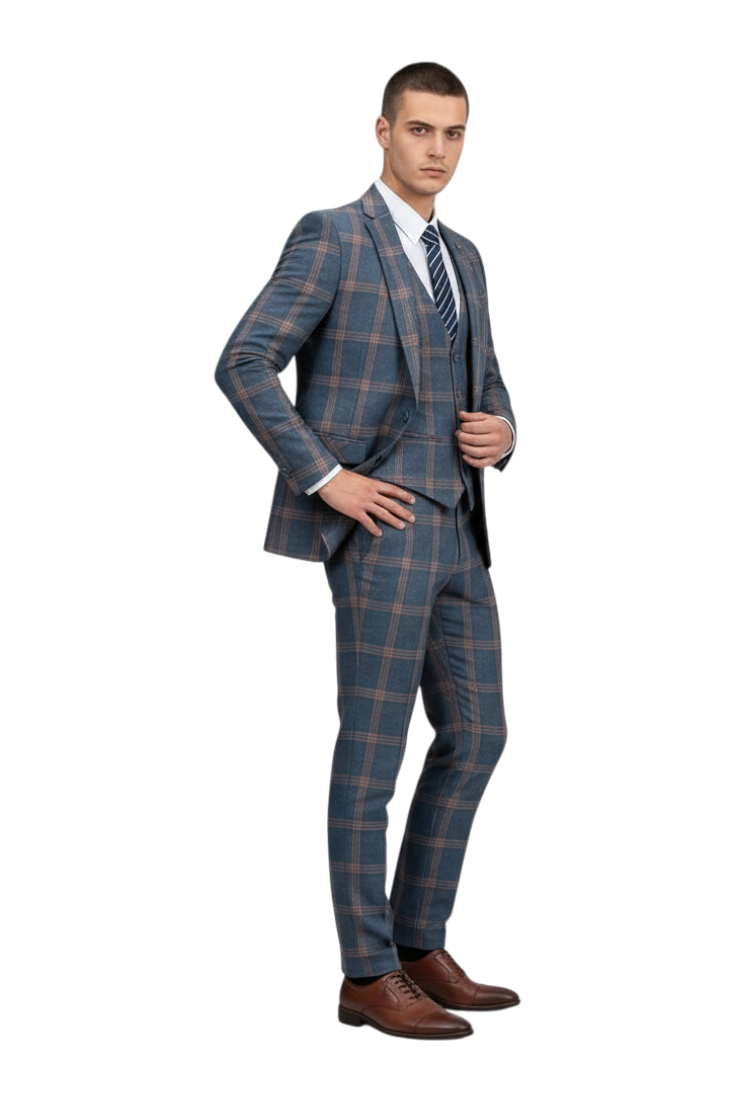 JASE Heart three-piece suit in blue with a brown plaid pattern, worn by a male model with a white shirt and tie.