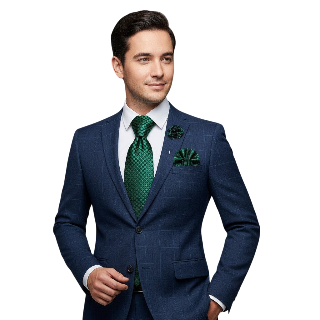JASE HEART GLOBAL man in a navy blue plaid suit wearing a green patterned silk necktie and matching pocket square