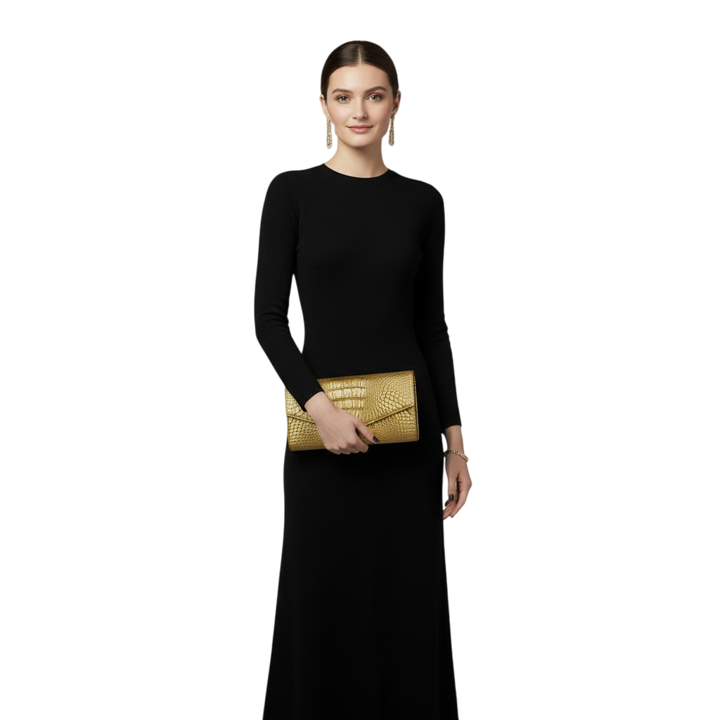 JASE HEART GLOBAL woman in a black dress holding a gold crocodile-embossed leather Executive Envelope clutch bag