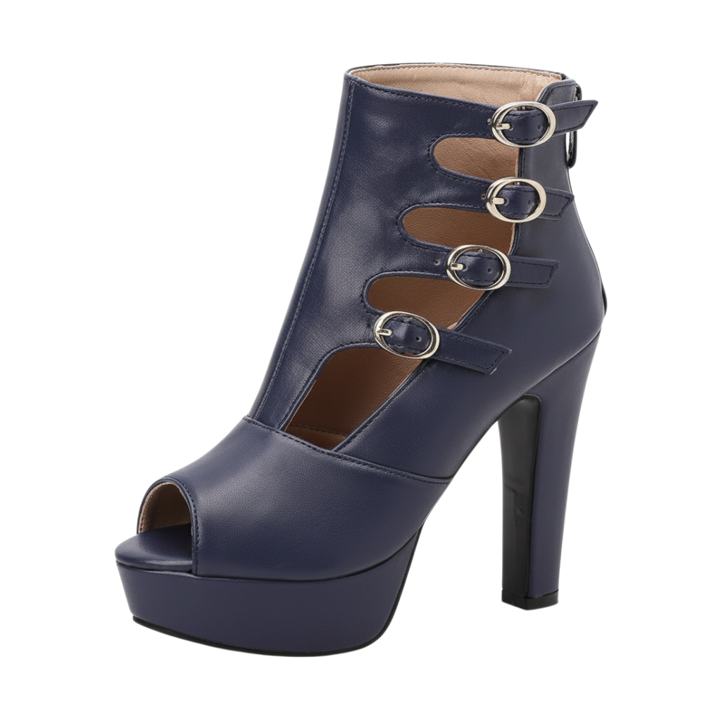 JASE Heart Radiant Gladiator navy blue faux leather peep-toe ankle boots with buckled cutouts and high block heels