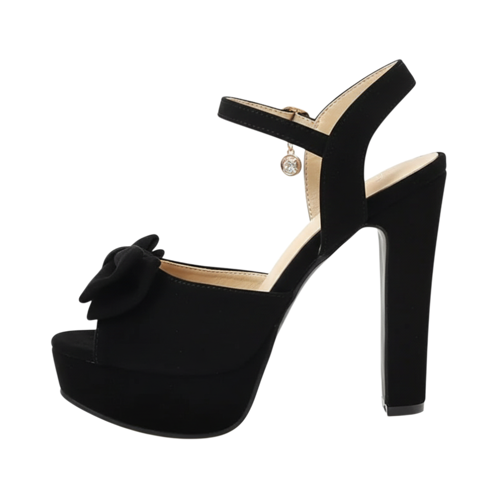JASE Heart black velvet platform high heels with a decorative bow and an elegant crystal charm on the ankle strap