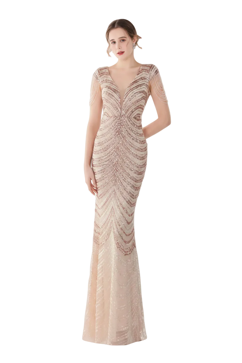 Woman wearing a long, elegant dress in front of a mirror on a white background