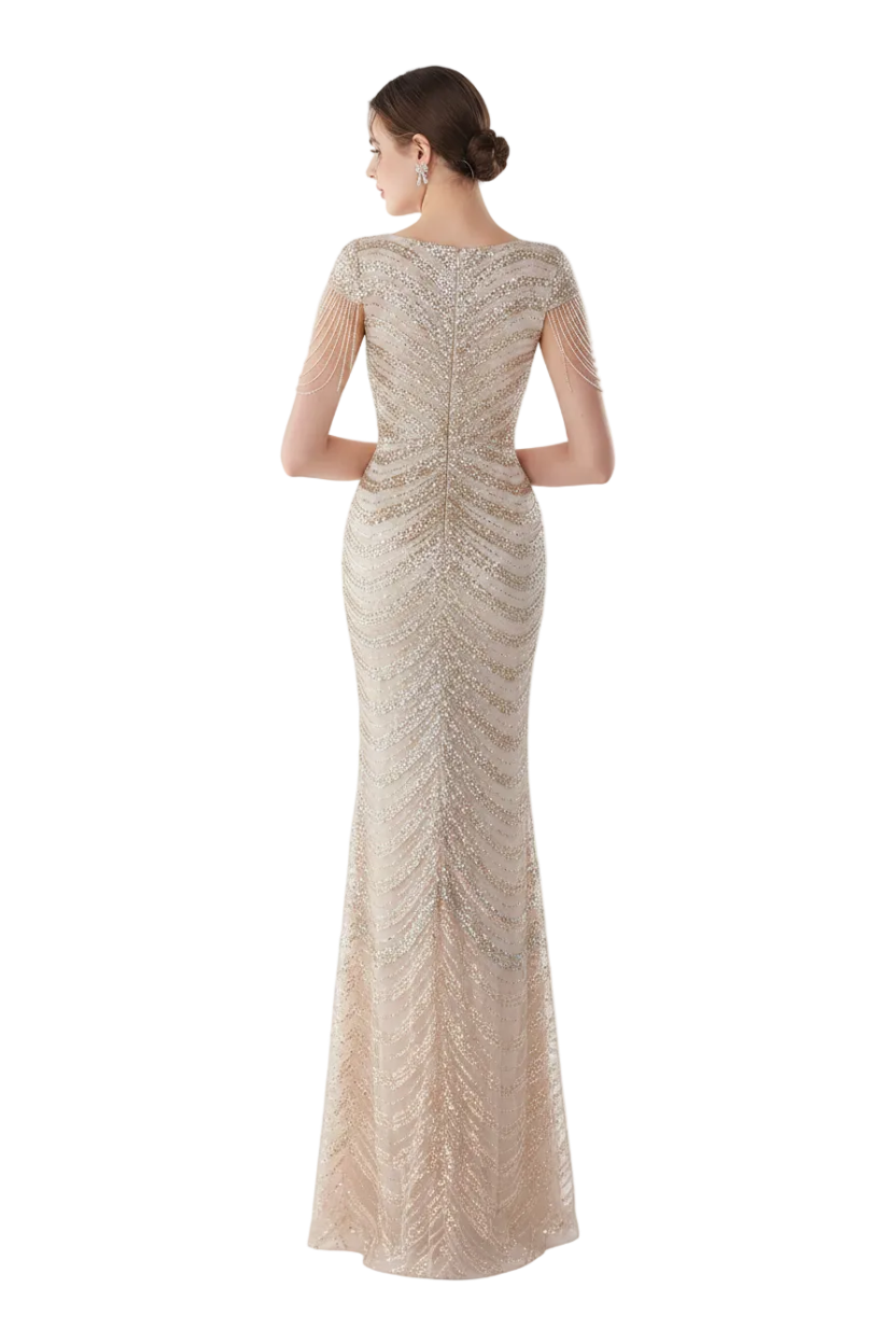 Woman in a sparkling evening gown standing in front of a mirror.