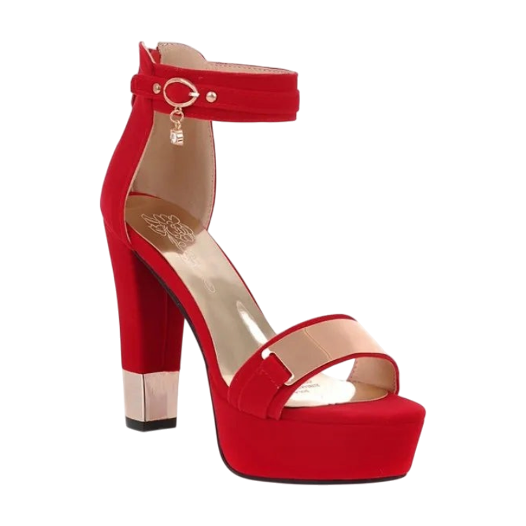 JASE HEART GLOBAL red velvet platform high heel sandals with gold metallic accents and ankle strap charm