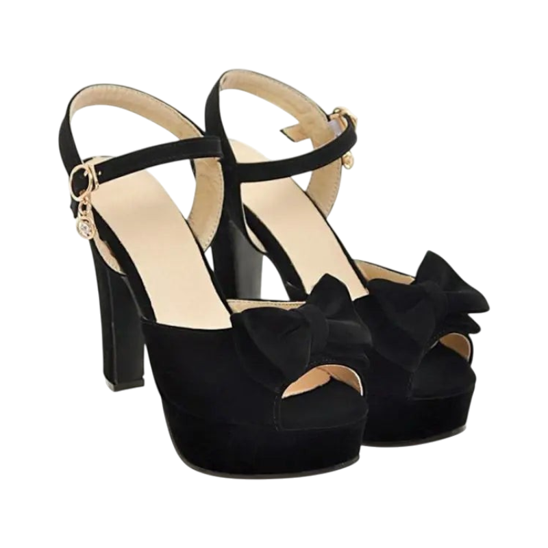 JASE Heart black velvet platform high heels with an open toe and decorative bow detail and ankle strap