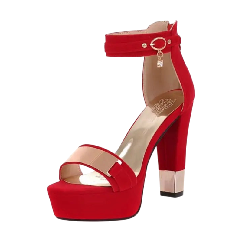 JASE HEART GLOBAL red velvet platform high heel sandals with gold metallic accents and an ankle strap charm