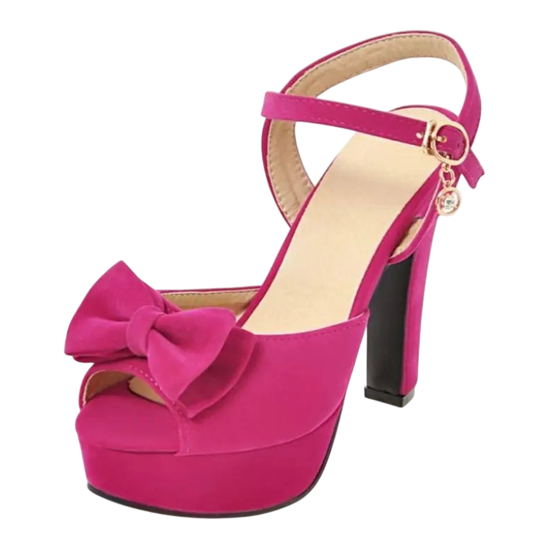 JASE Heart fuchsia velvet platform heels with a bow detail, peep toe, and adjustable ankle strap with charm
