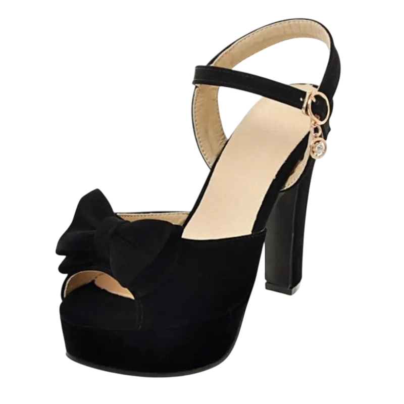 JASE Heart black velvet platform high heels with a decorative bow and an elegant ankle strap charm