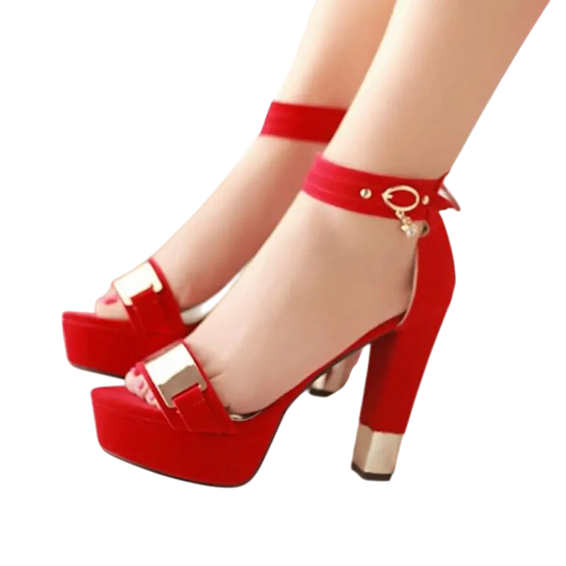 JASE HEART GLOBAL red velvet platform high heel sandals with ankle strap and gold metallic accents