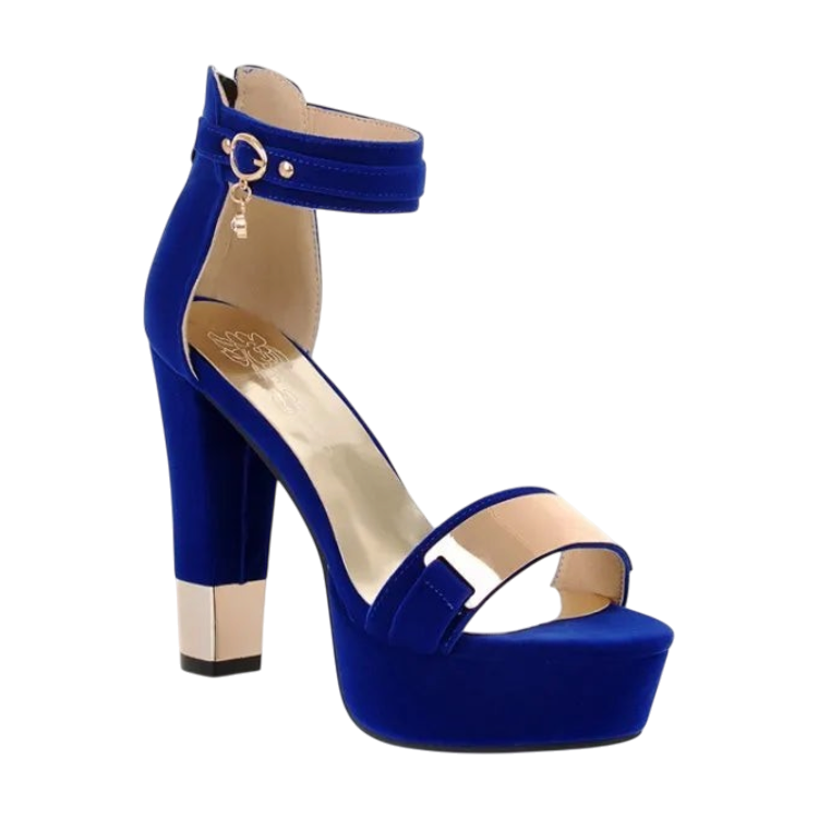 JASE HEART GLOBAL royal blue velvet platform sandals with gold block heels and ankle strap charm