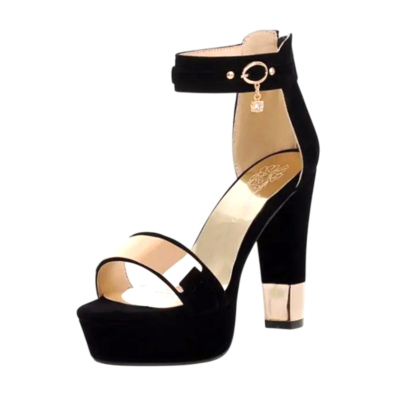 JASE HEART GLOBAL black velvet platform high heel sandals with gold metallic accents and a dangling pendant charm