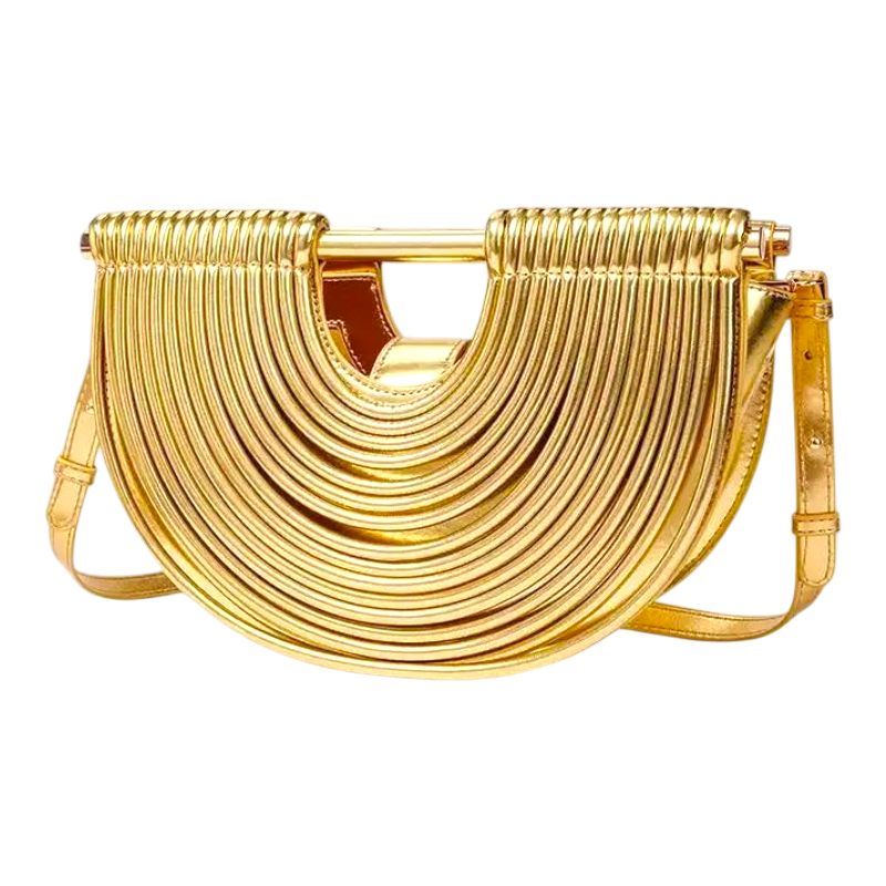 JASE HEART GLOBAL Liquid Half-Moon gold handbag with a unique ribbed crescent shape and structured metal handle.