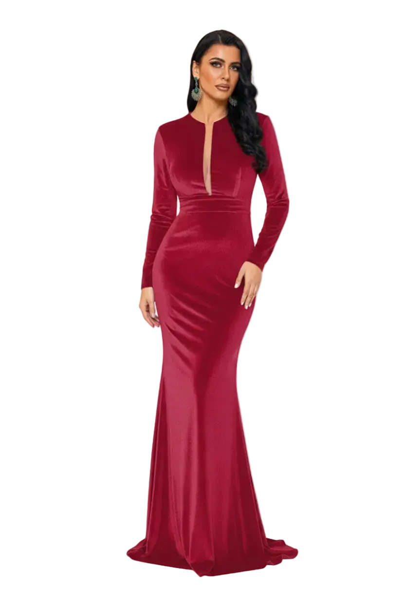 Red evening gown with long sleeves on a white background