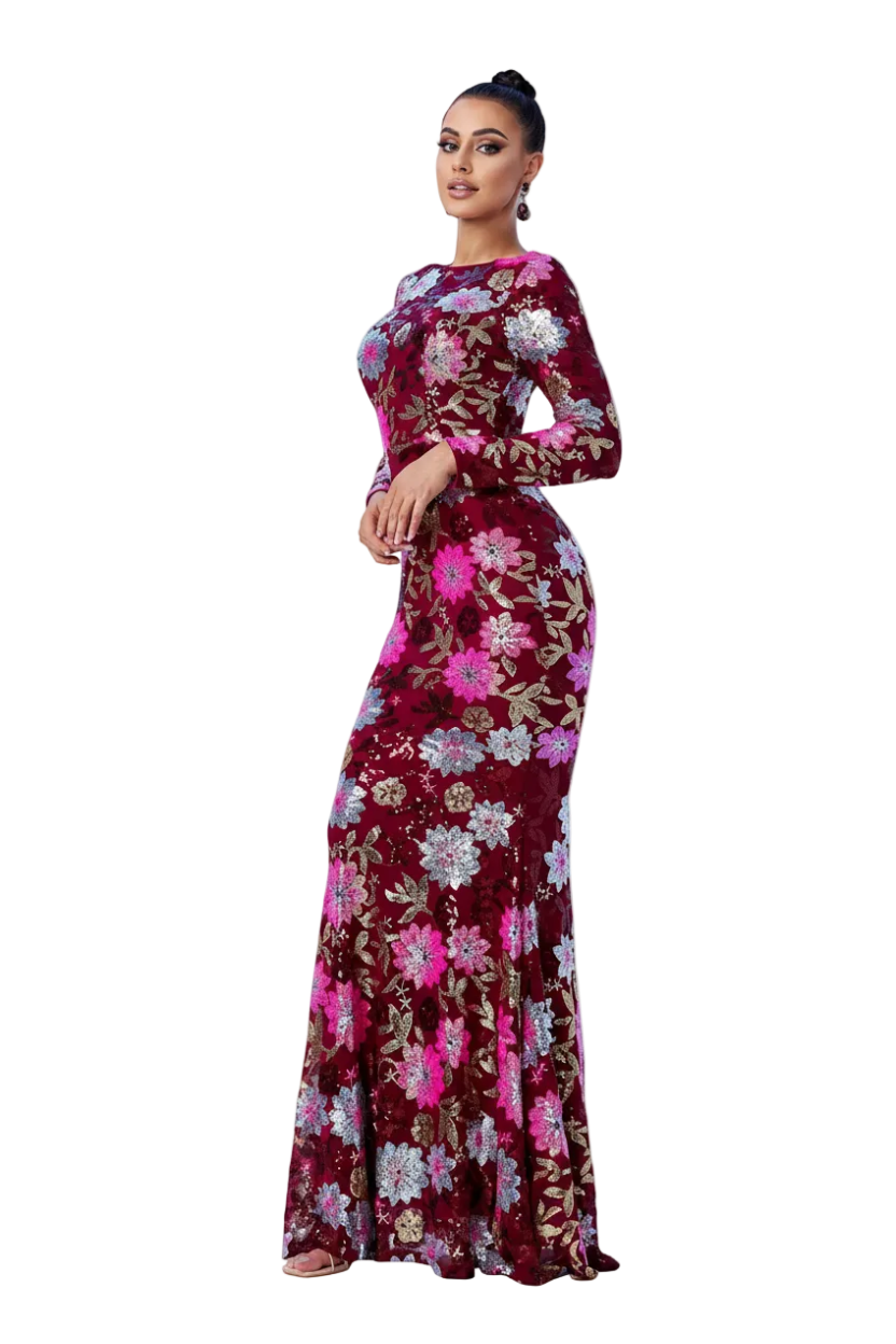 Woman wearing a floral dress with a white background