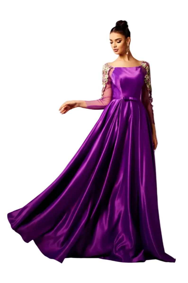 Woman wearing a purple evening gown with floral sleeves on a gray background