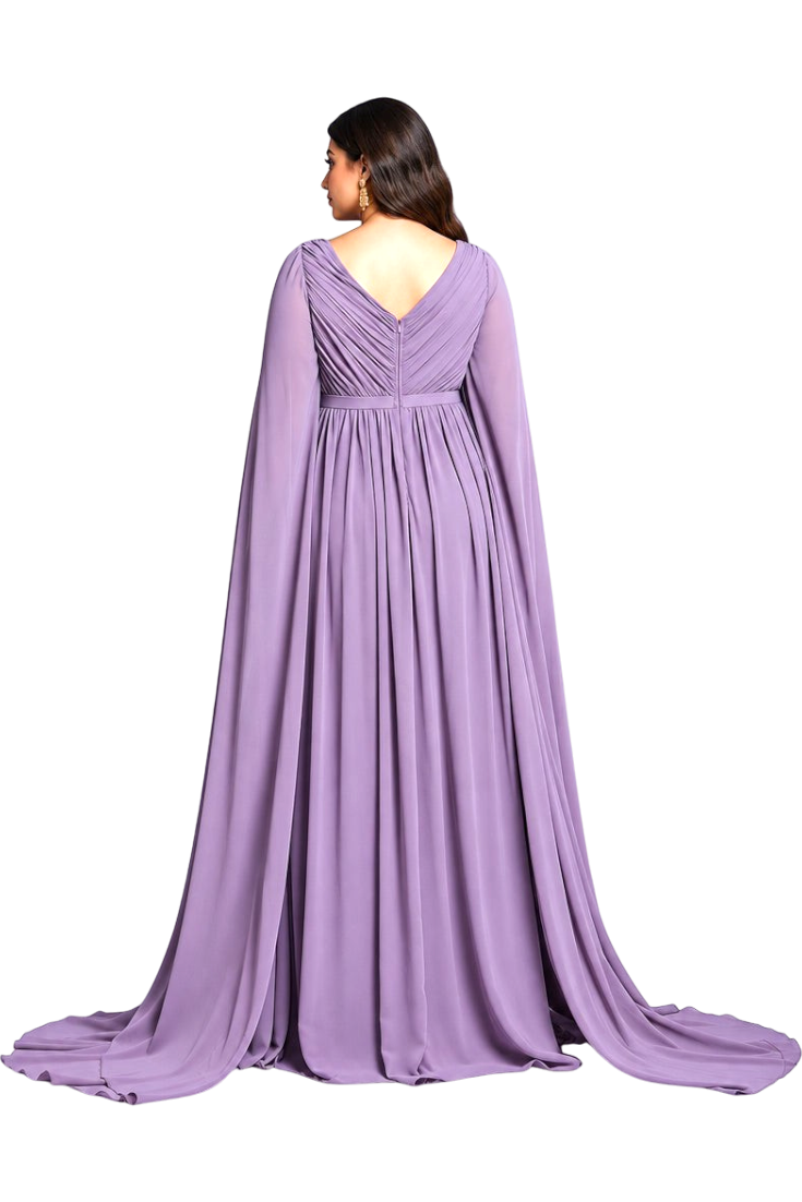 JASE Heart Ethereal Cape gown in dusty purple chiffon with a V-back, pleated bodice, and flowing floor-length cape sleeves