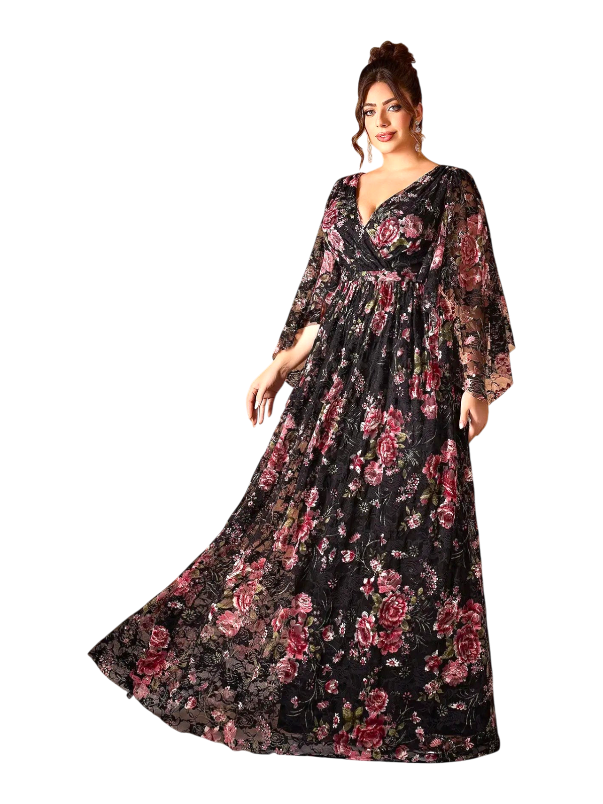 JASE Heart Ethereal Blossom plus size black lace maxi dress with floral print and flowing kimono sleeves