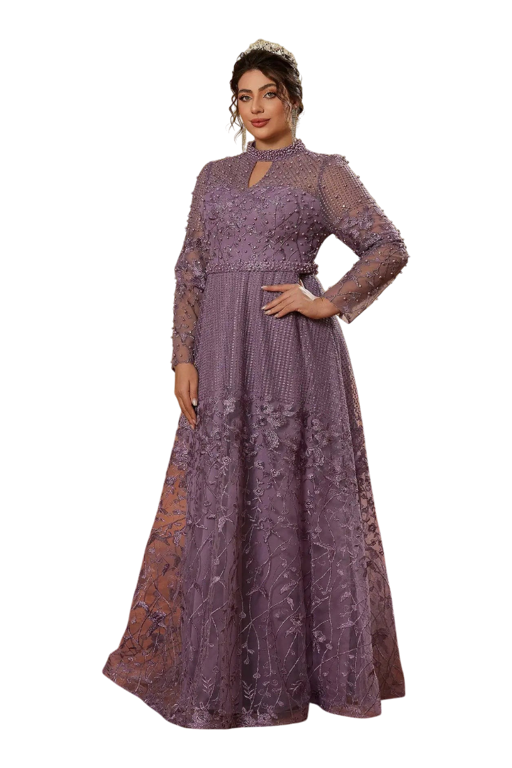 JASE Heart purple long-sleeve evening gown with intricate floral embroidery, beadwork, and a high neck design.