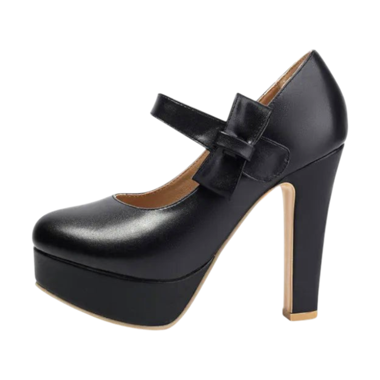 JASE Heart black faux leather platform Mary Jane heels with a bow detail and high block heel