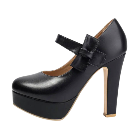 JASE Heart black faux leather platform Mary Jane heels with a bow detail and high block heel