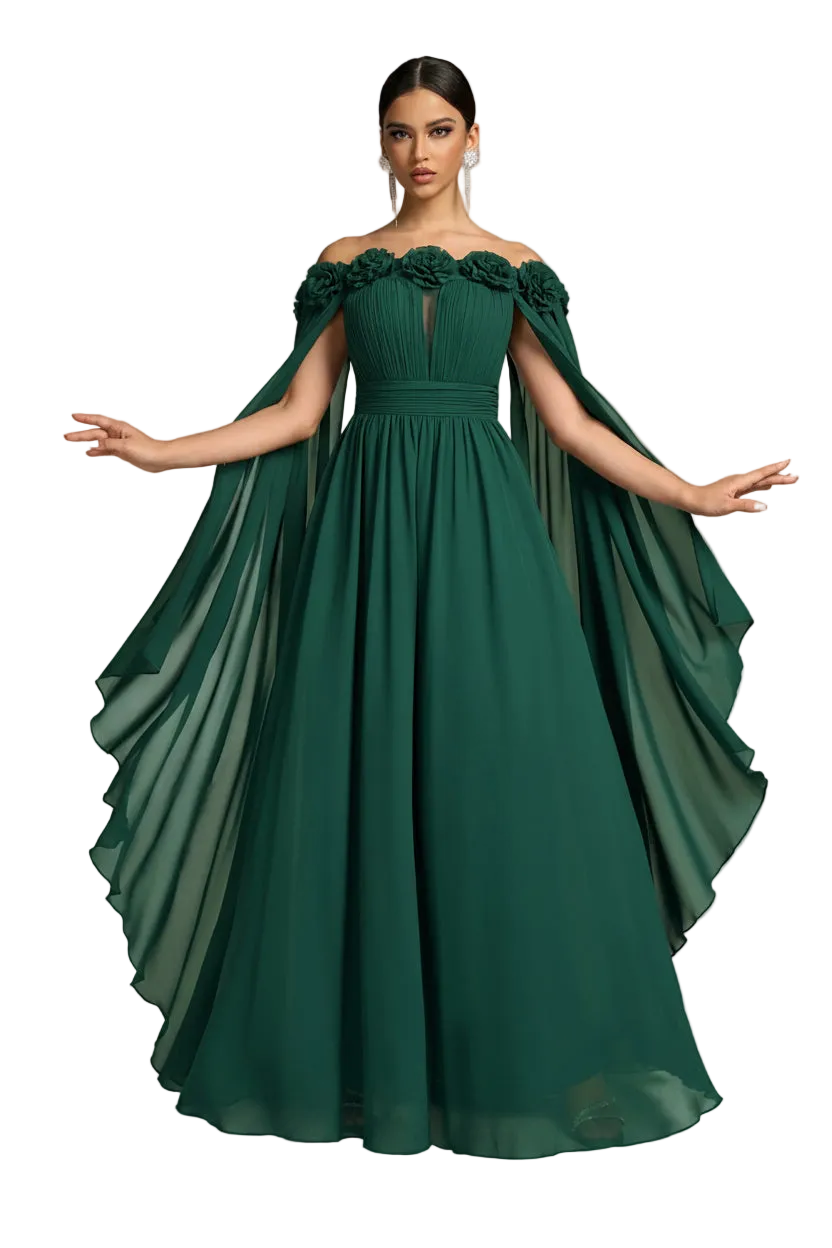 A woman modeling an off-the-shoulder emerald green ball gown with a flowing cape-like skirt and floral bodice details, set against a plain white background.