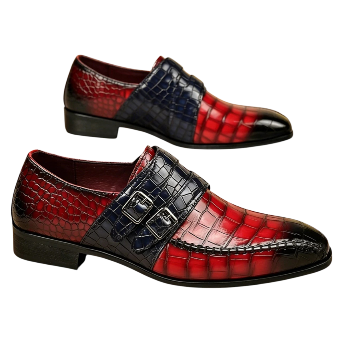 JASE Heart Royal Alligator double monk strap shoes in red and navy blue crocodile-embossed leather
