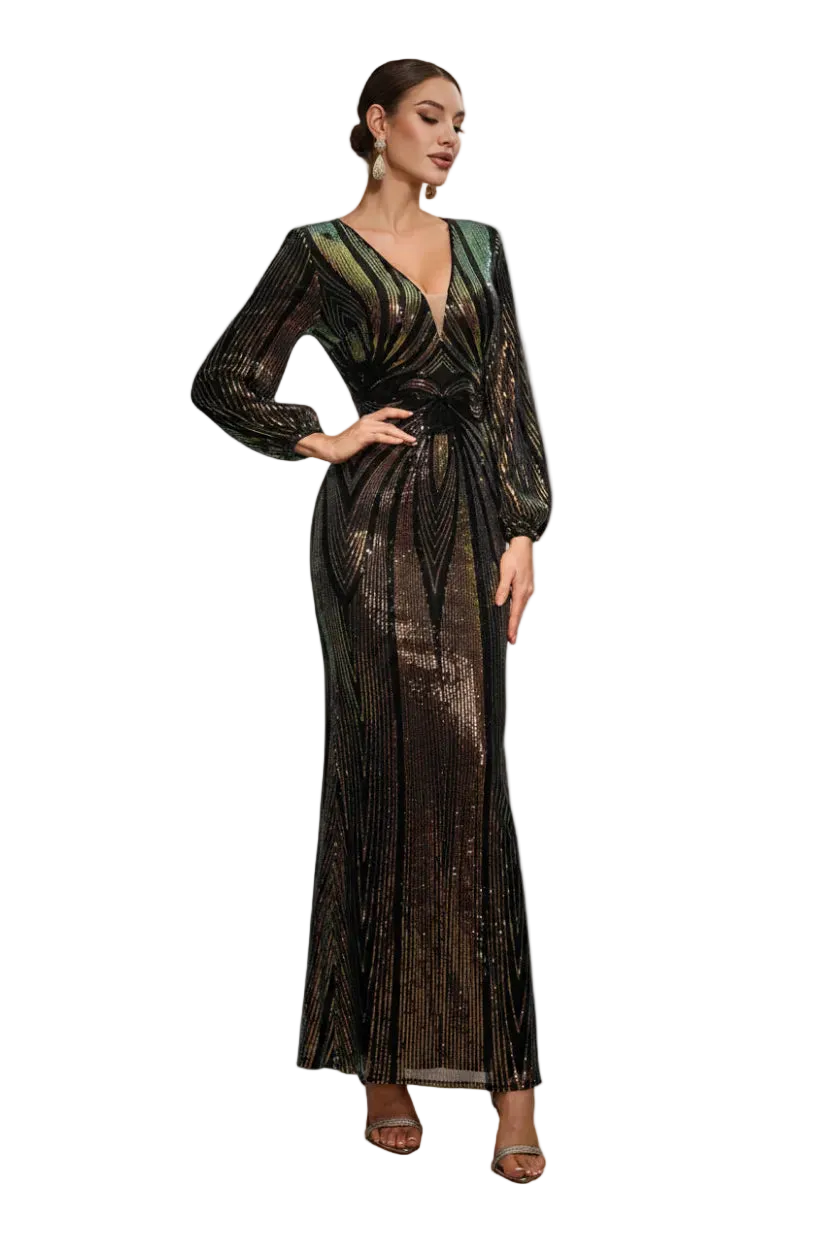 Woman wearing a long, dark green and gold patterned dress on a white background