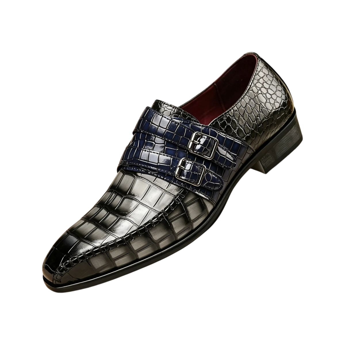 JASE Heart Royal Alligator monk strap dress shoe in black and blue gradient crocodile-embossed leather