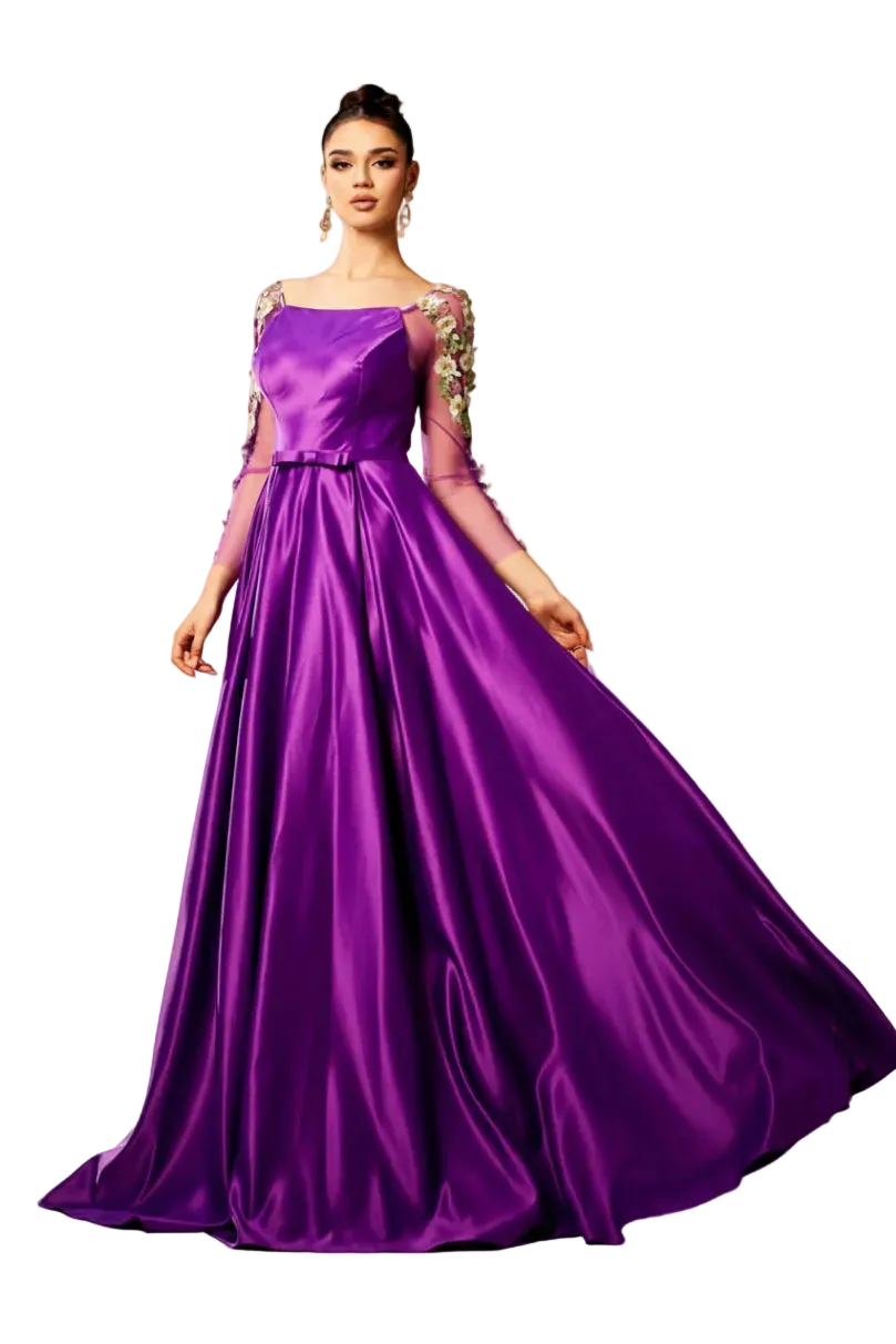 Purple evening gown with floral embellishments on a white background