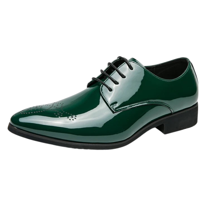 JASE Heart Luminous Brogue dark green patent leather dress shoe with classic wingtip perforated detailing