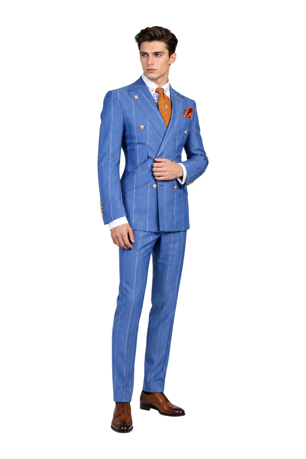 A man wearing a blue double-breasted pinstripe suit with gold buttons, a white shirt, and an orange patterned tie, standing against a textured light gray background. The UA logo is visible in the top left corner.