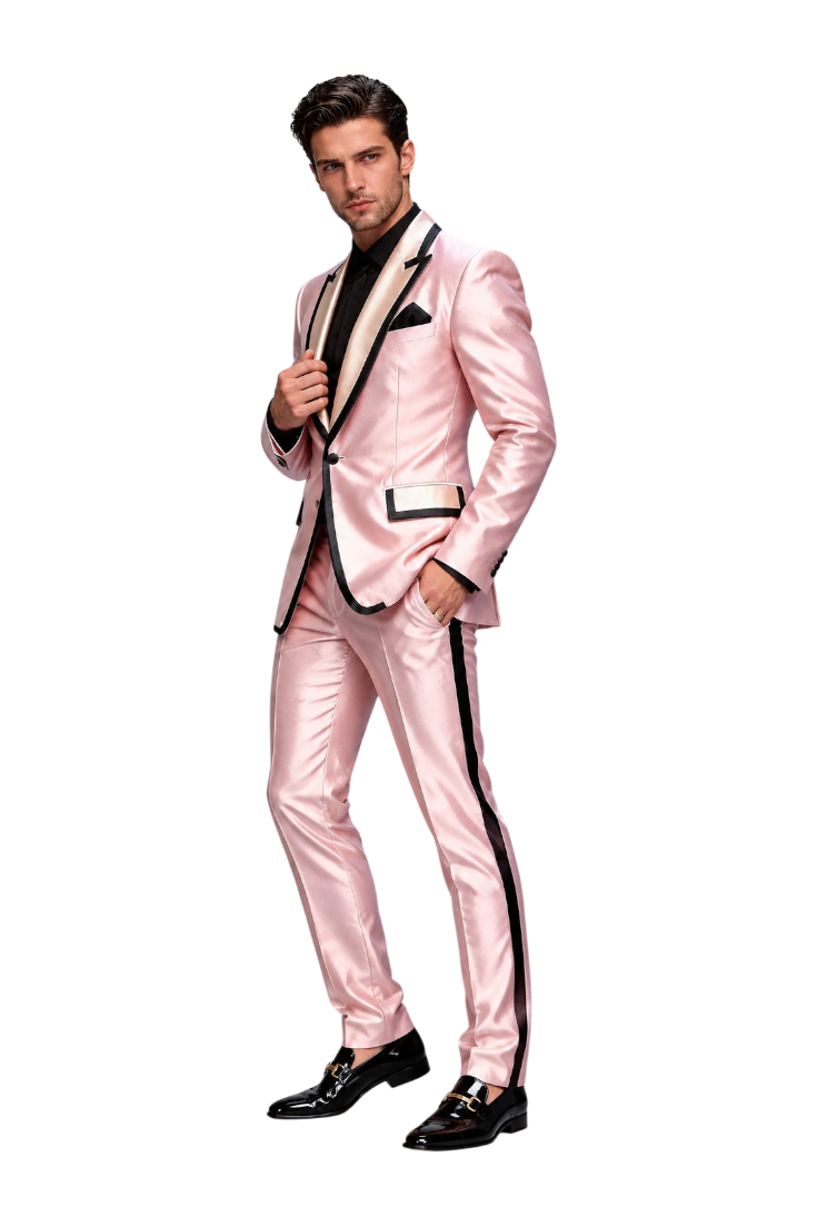 JASE Heart men's pink satin tuxedo suit with black contrast lapels and piping, worn by a model in a studio.