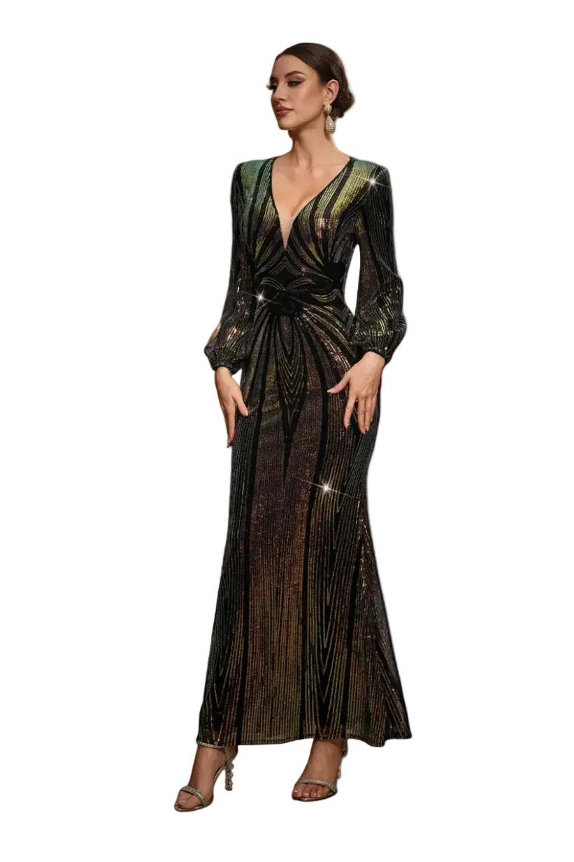 Woman wearing a long, dark green dress with a plunging neckline on a white background