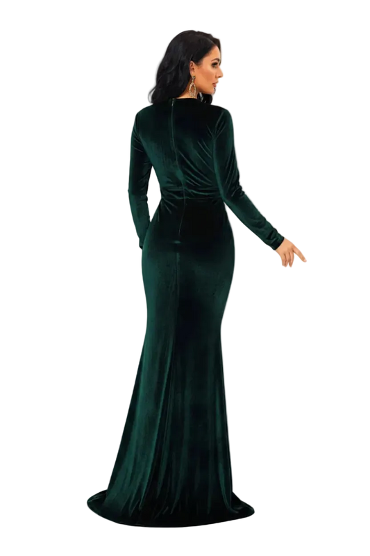 Woman wearing a green evening gown on a white background