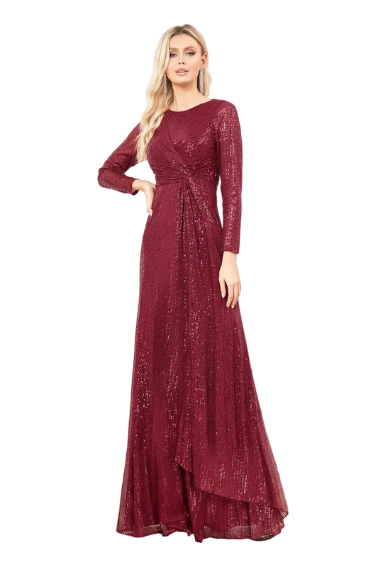 A woman modeling a floor-length burgundy sequined gown with long sleeves, a round neckline, and a draped waist detail, set against a plain white background.