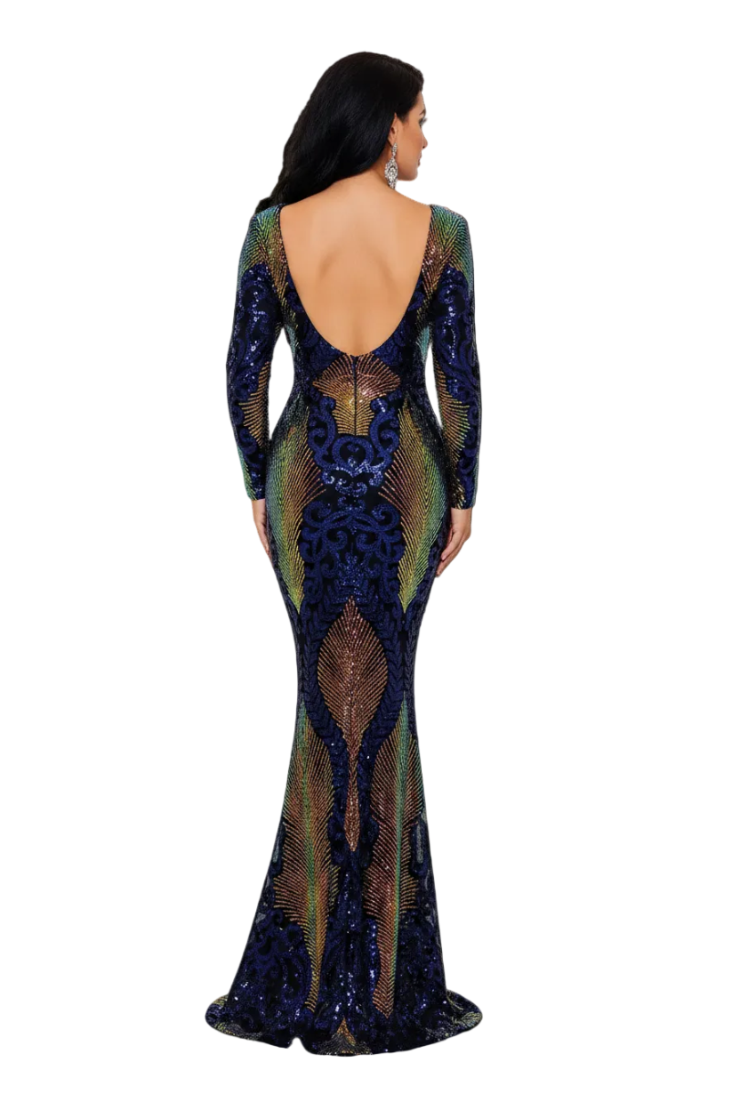 A woman viewed from behind wearing a long-sleeve, deep V-back evening gown covered in sequins. The dress features a dark navy blue base with metallic gold and green abstract patterns.