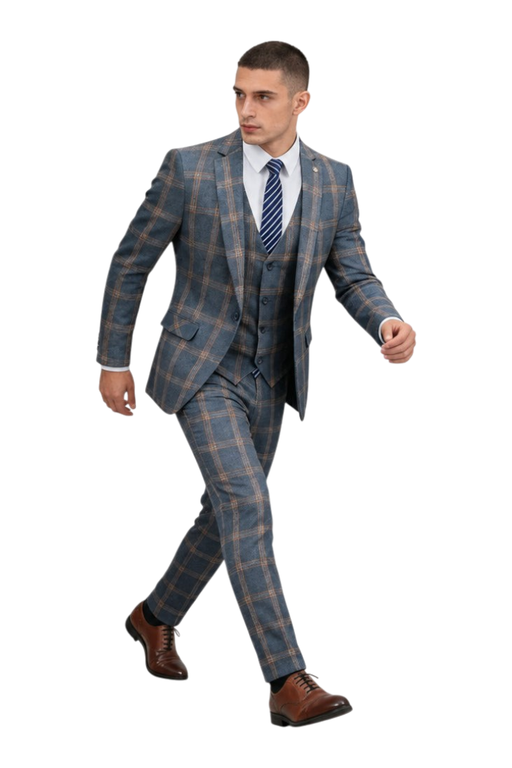 JASE Heart three-piece plaid suit in blue and brown worn by a model with a white shirt and brown leather shoes