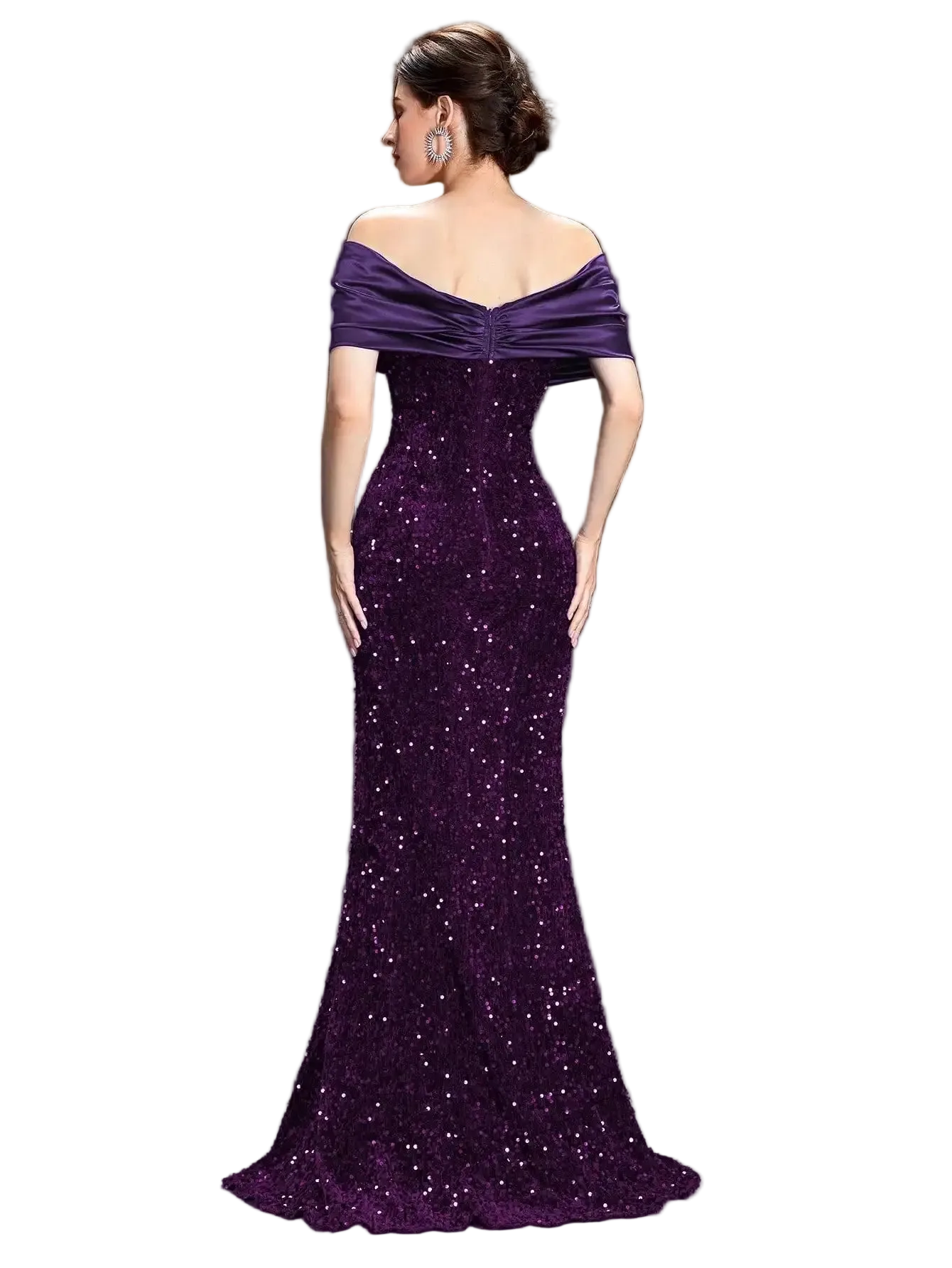 Woman wearing a purple off-shoulder evening gown against a dark background