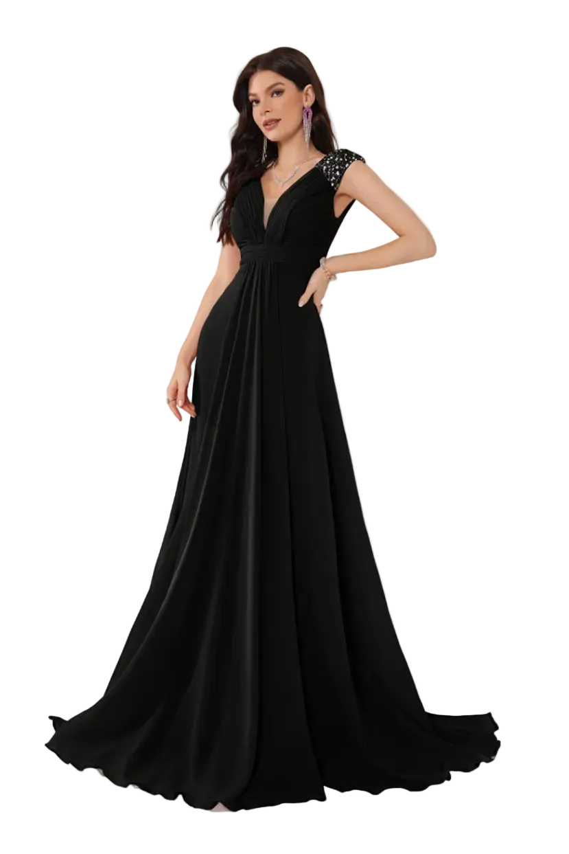 Black evening gown with beaded neckline on a white background