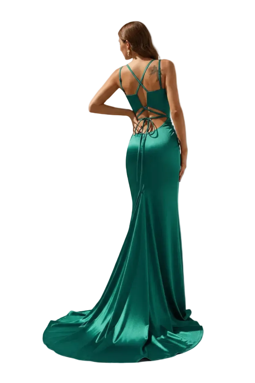 Green evening gown with open back on a white background