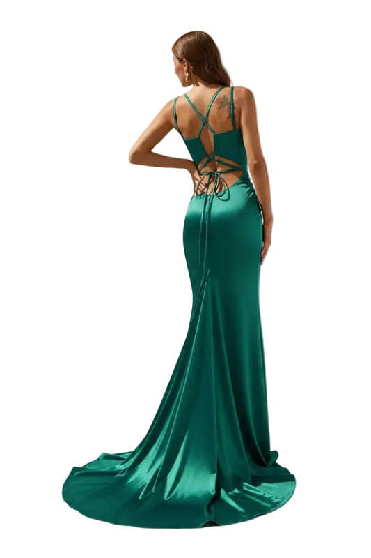 Green evening gown with open back on a white background
