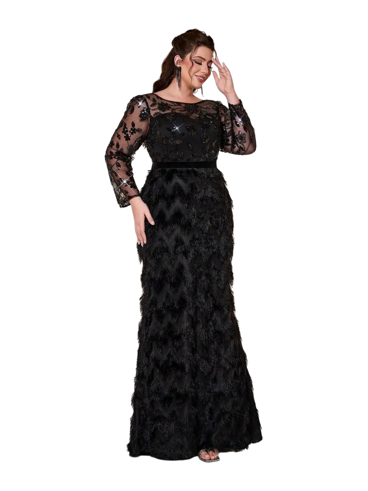 JASE Heart black velvet evening gown with long sheer floral lace sleeves and a textured fringe skirt for formal events