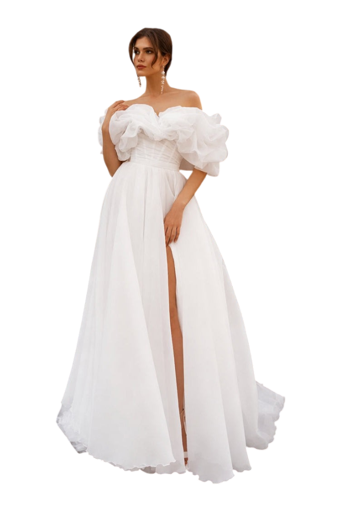 JASE Heart Ethereal Volante white off-the-shoulder wedding dress with voluminous organza sleeves and a high leg slit