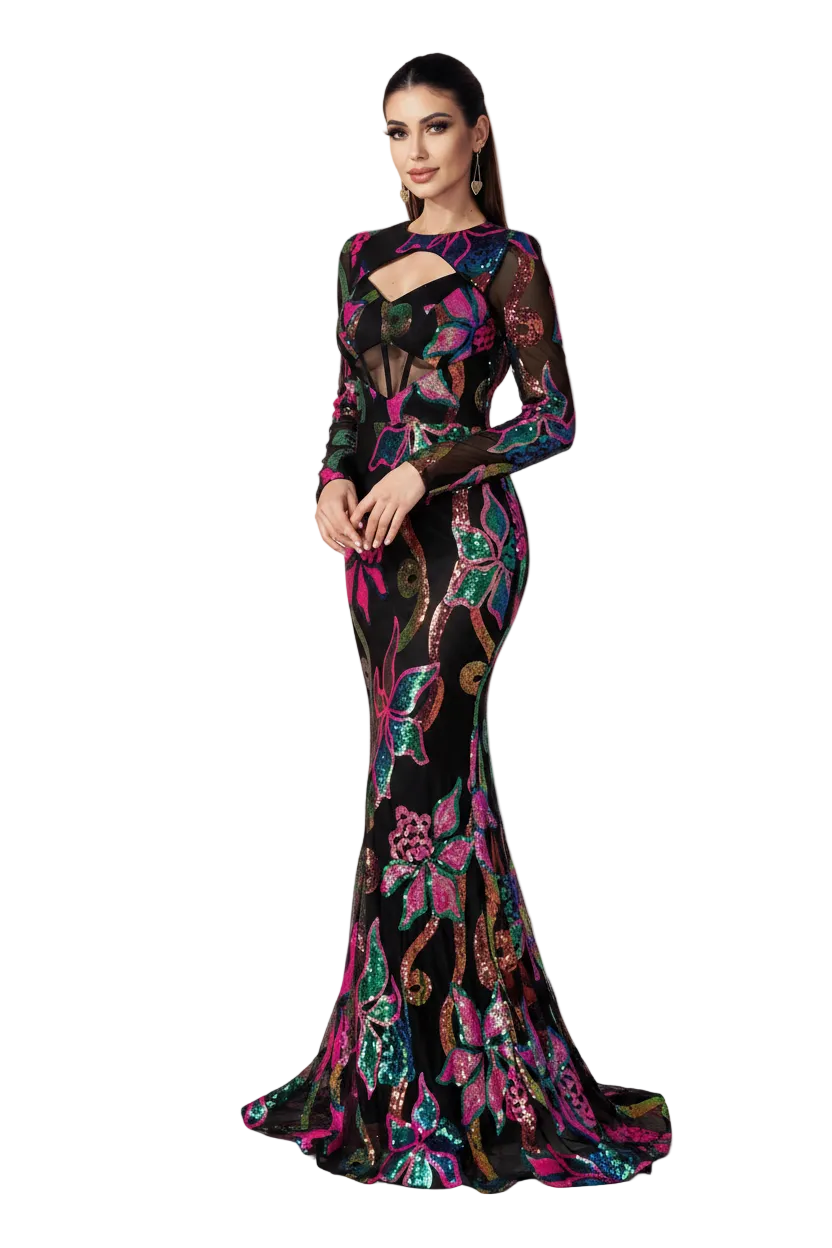 Woman in a colorful evening gown against an orange background with 'Missord' branding.